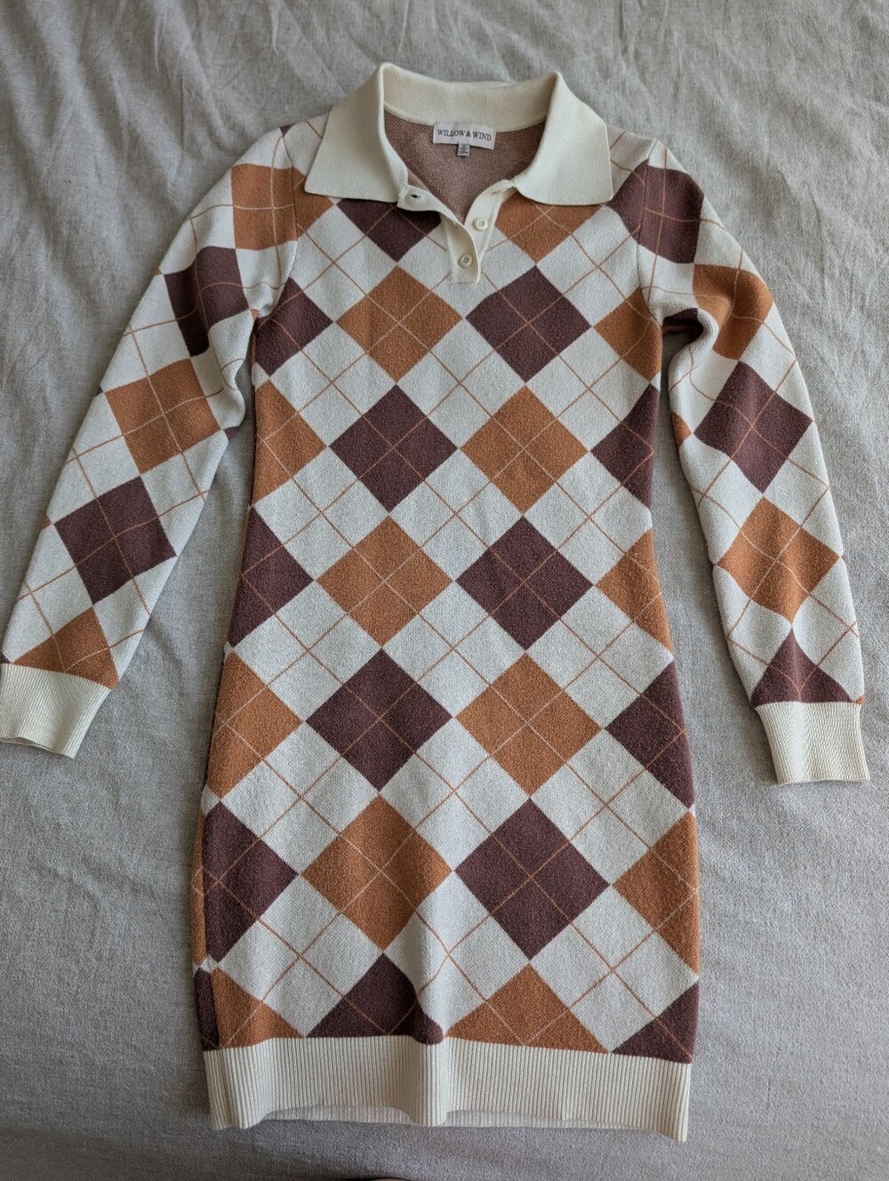 Argyle Polo Sweater Dress in Cream, Brown & Tan
